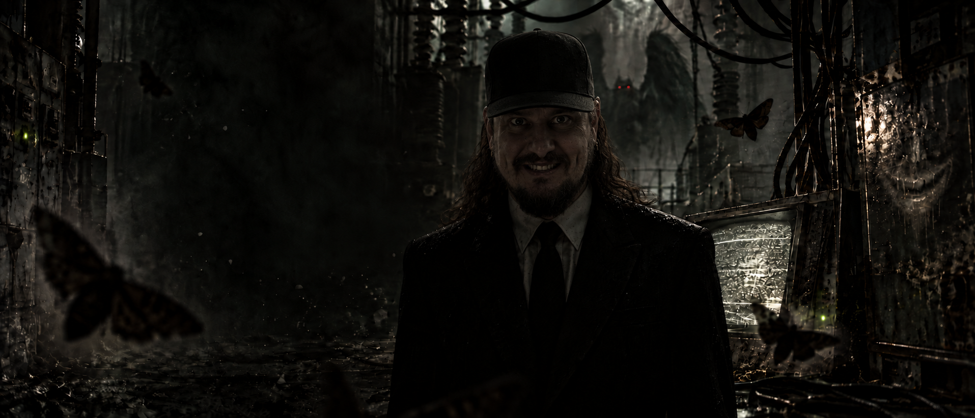 A shadowy smiling man stares from the foreground of an abandoned transmission room filled with moths and static